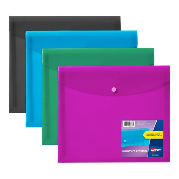 Three different colored Avery document folders with a snap lock.