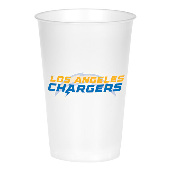 A white plastic Creative Converting cup with blue and yellow Los Angeles Chargers text.