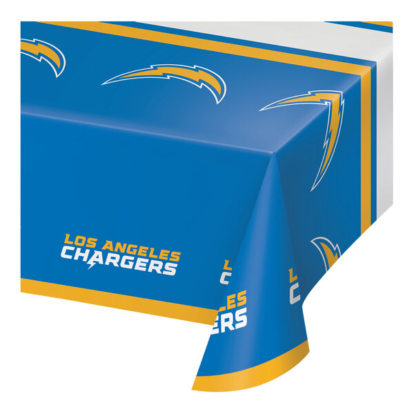 A white plastic table cover with blue and yellow Los Angeles Chargers logo design.