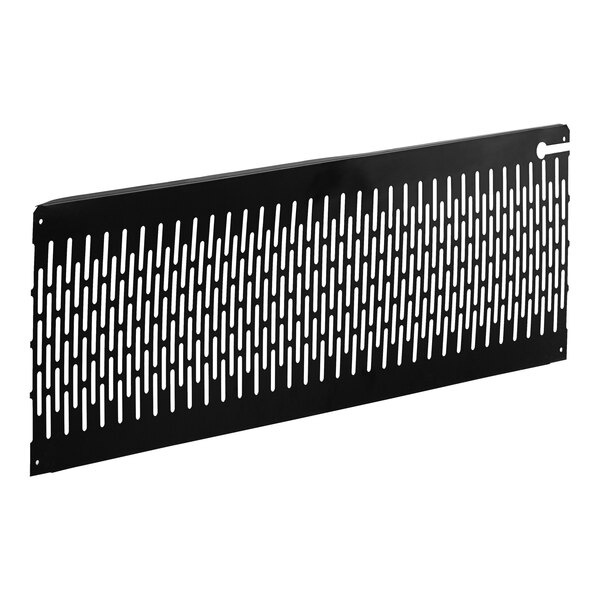 A black metal rectangular panel with holes.