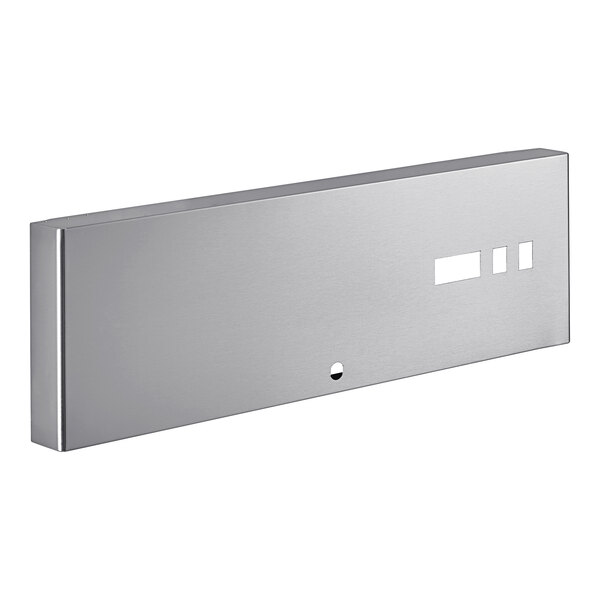 A stainless steel rectangular metal panel with buttons.
