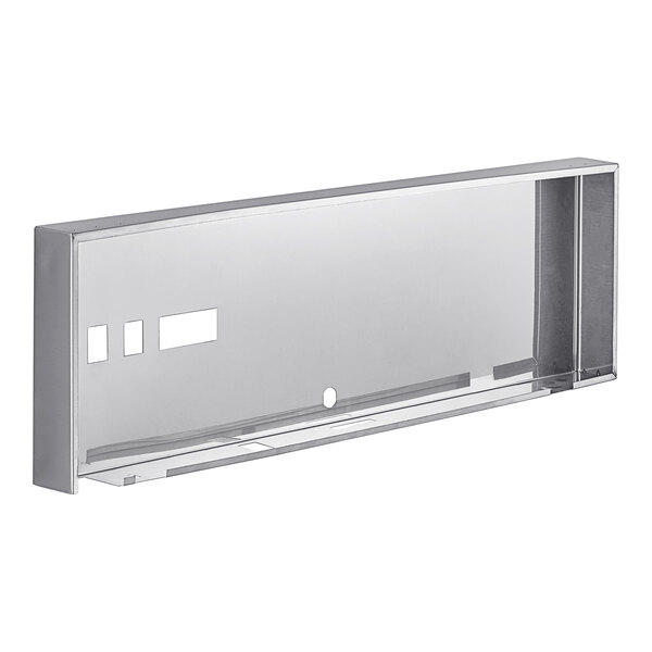 A silver rectangular stainless steel panel with a hole in the middle.