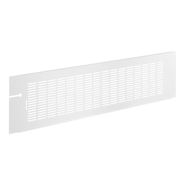 A white metal panel with a grid pattern of holes.