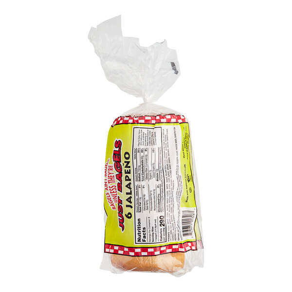 A case of Just Bagels Authentic New York Jalapeno Bagels in plastic packaging.