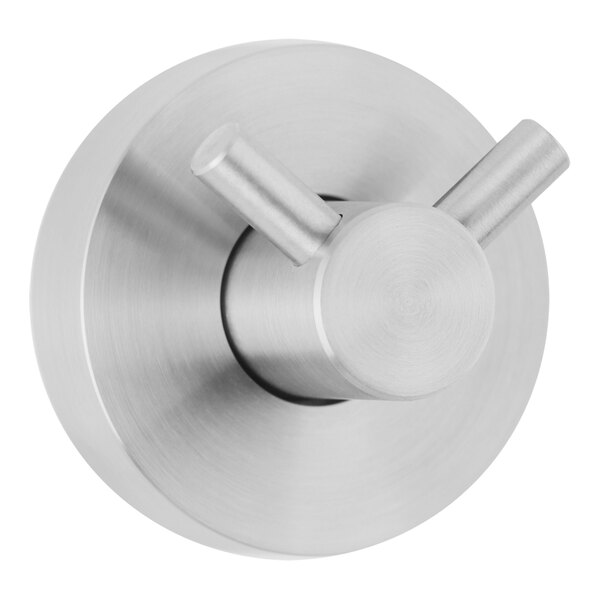 A close-up of a metal Bobrick double coat hook with a satin finish.