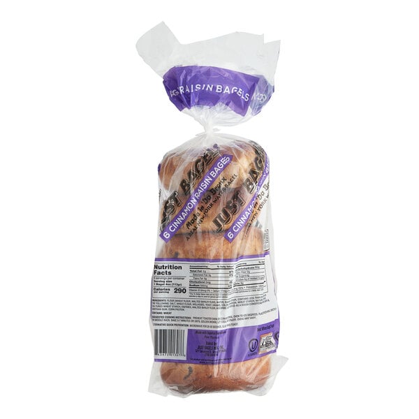 A white bag of Just Bagels Authentic New York Cinnamon Raisin Bagels with a label.