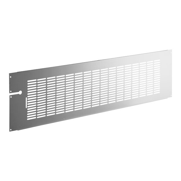 A black metal grill with a grid pattern of holes.