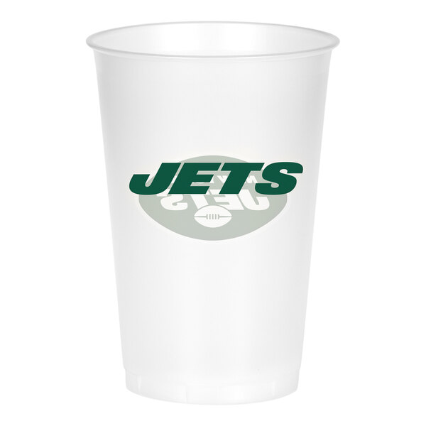 A white plastic Creative Converting New York Jets cup with green text and a green and white logo.
