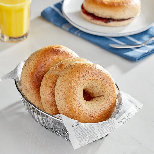 Just Bagels Authentic New York Wheat bagels in a basket.