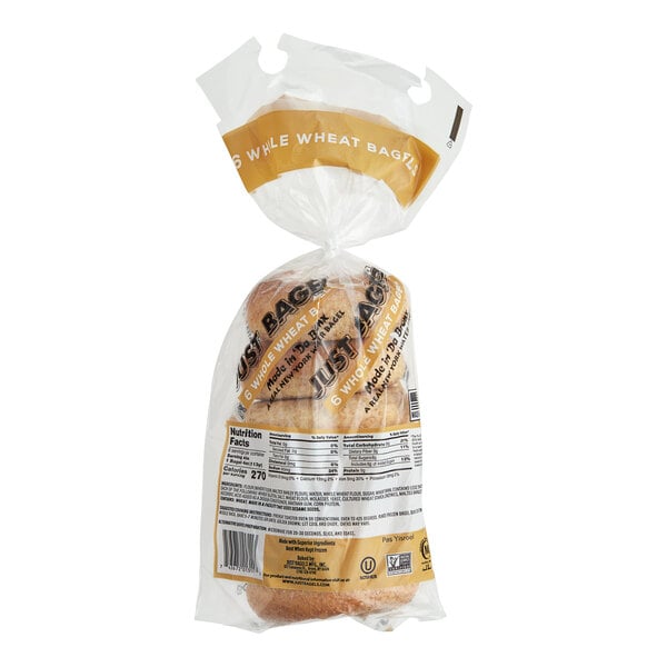 A case of Just Bagels Authentic New York Wheat Bagels in plastic bags.