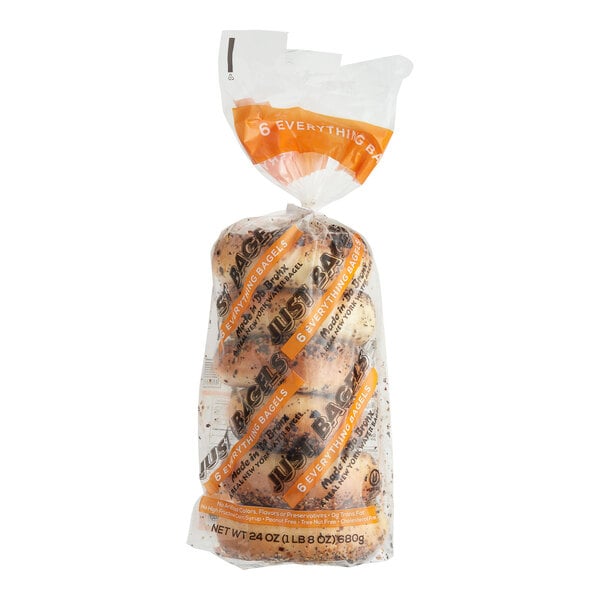A white bag of Just Bagels Authentic New York Everything Bagels with orange and black text.