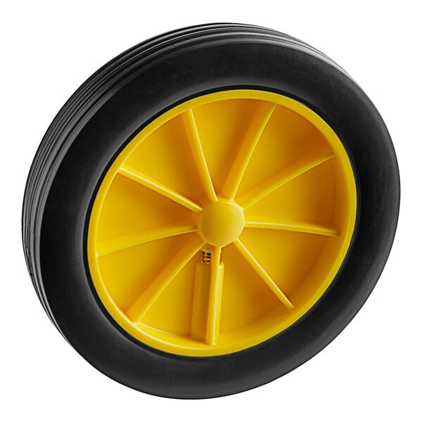 A yellow wheel with a black tire.