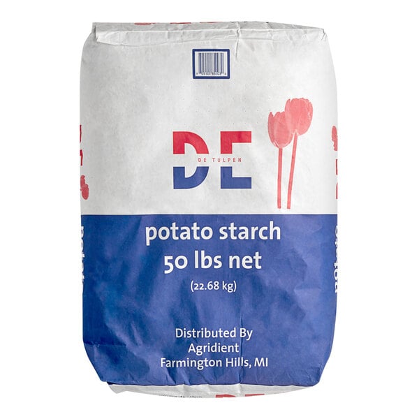 A bag of De Tulpen potato starch with net weight information.