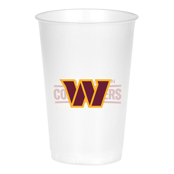 A white plastic cup with a yellow and purple Washington Commanders logo.