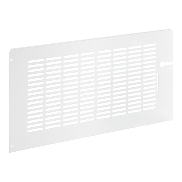 A white metal back grille for Avantco refrigeration equipment with holes.