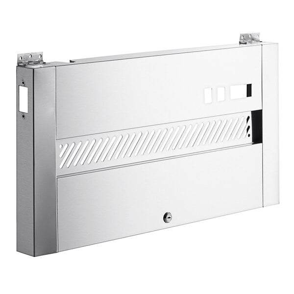 A silver rectangular panel with holes.