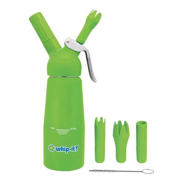A green rubber-coated aluminum Whip-It cream whipper.