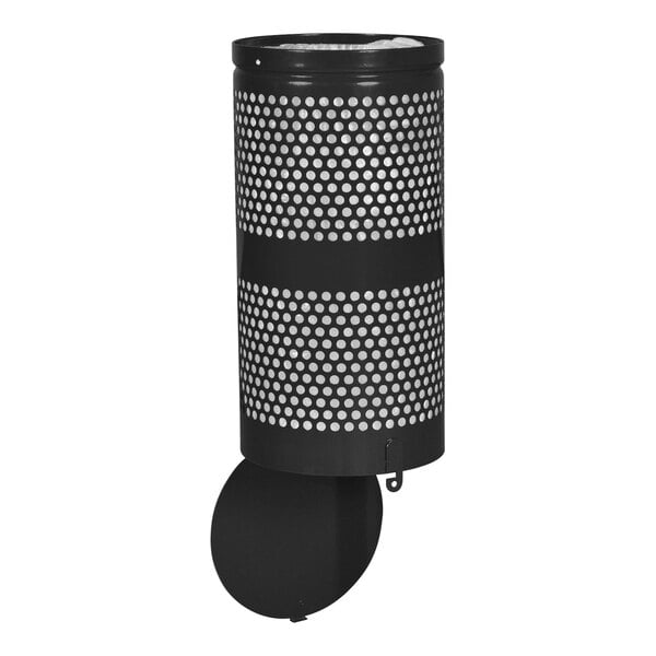 A black Ex-Cell Kaiser perforated steel trash can with a circular design.