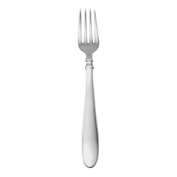 A silver fork with a white handle.