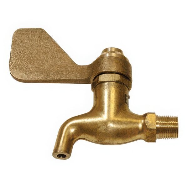 A brass Haws wall-mount faucet with a long metal blade handle.