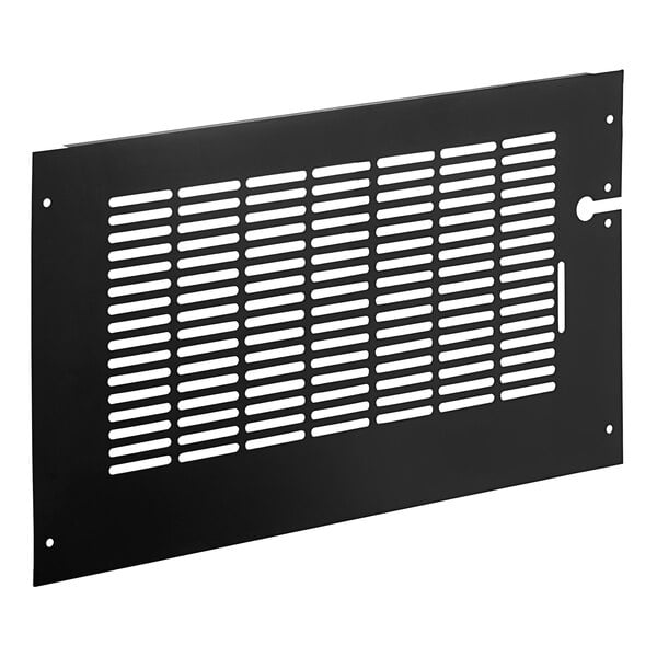 A black metal grille panel with holes.