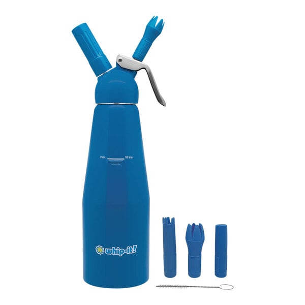A blue rubber-coated aluminum Whip-It cream whipper with a silver lid.