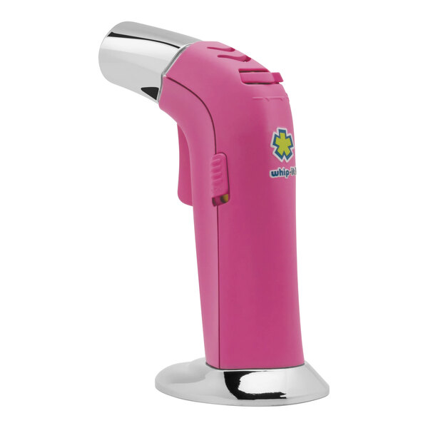 A pink Whip-It Edge butane torch with a silver base and white handle.