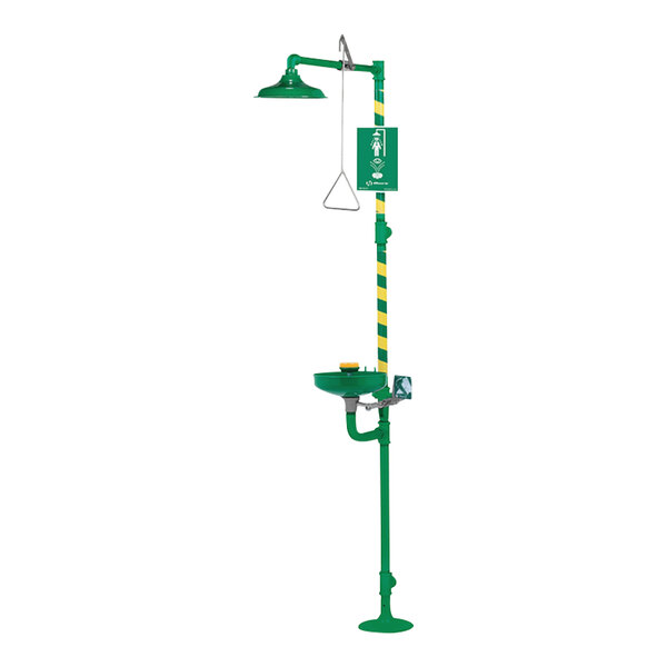 A green Haws emergency shower stand with a yellow hose.