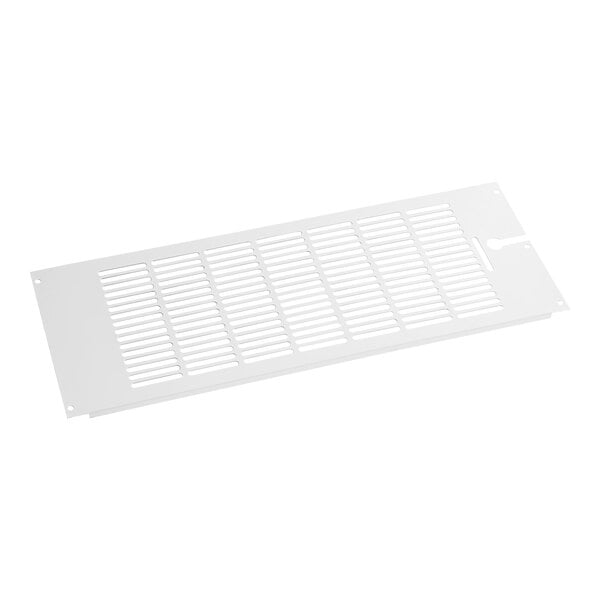 A white metal vent with a grid of holes.