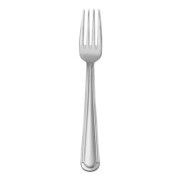 A silver fork with a black tip.