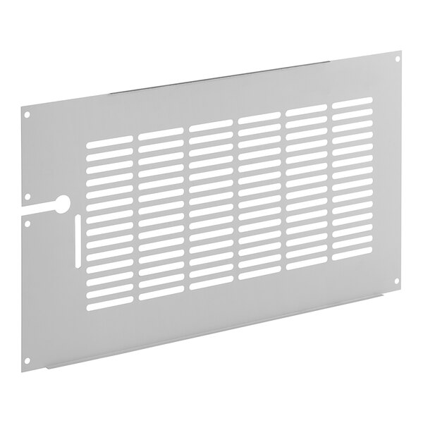 A white metal grille with rectangular holes.