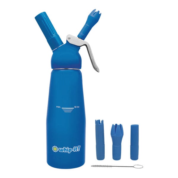 A blue rubber-coated aluminum Whip-It cream whipper.