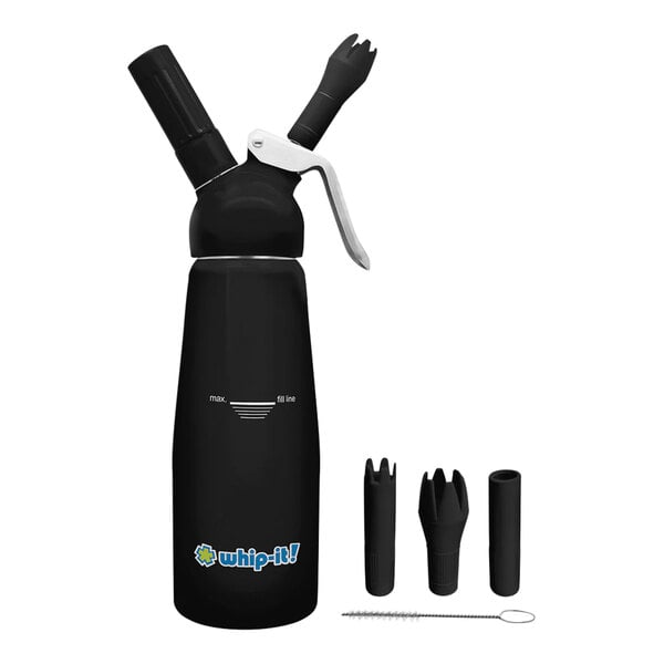 A black Whip-It cream whipper with a metal handle.