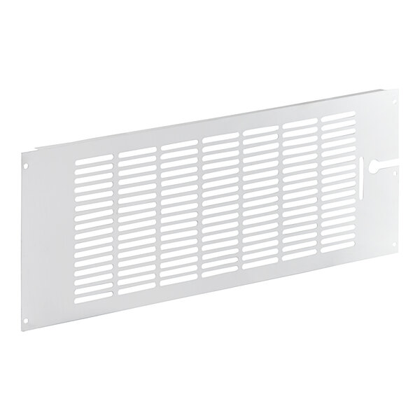 A white metal grille with many lines of holes.