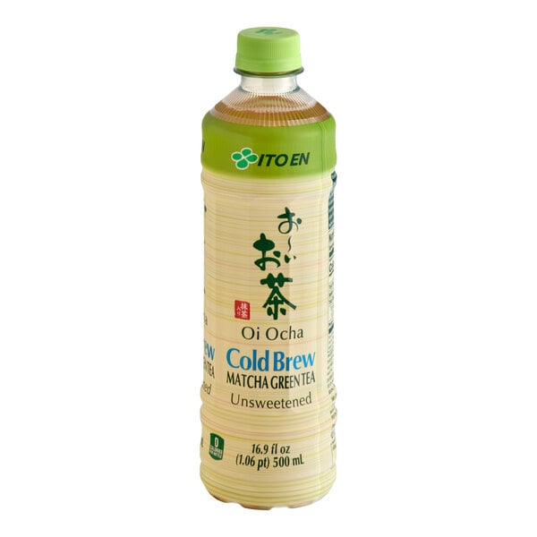 A plastic bottle with a green cap and label, containing cold brew matcha green tea, with text indicating it is unsweetened and has a capacity of 16.9 fl oz (500 mL).