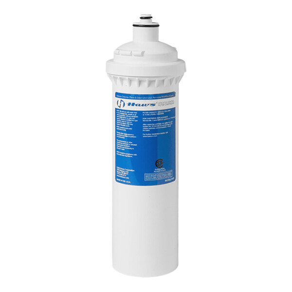A white Haws water filter with blue label.