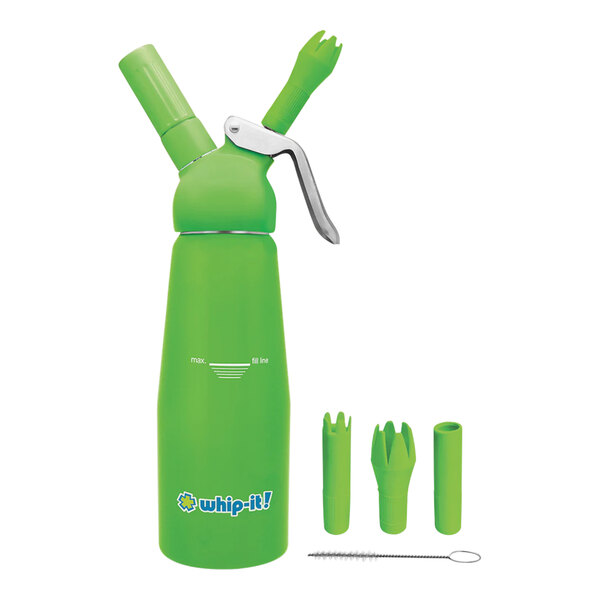 A green rubber-coated Whip-It aluminum whipper.