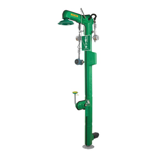 A Haws cable heated emergency shower with a green shower head.