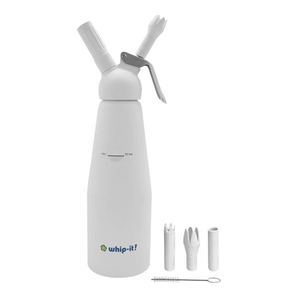 A white Whip-It whip cream bottle with a nozzle and handle.