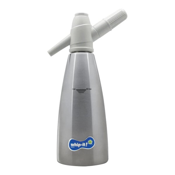 A silver Whip-It soda siphon bottle with a white plastic nozzle.