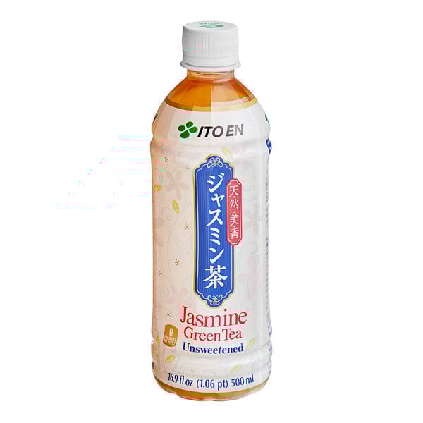 A plastic bottle of Ito En Jasmine Green Iced Tea with a blue label.