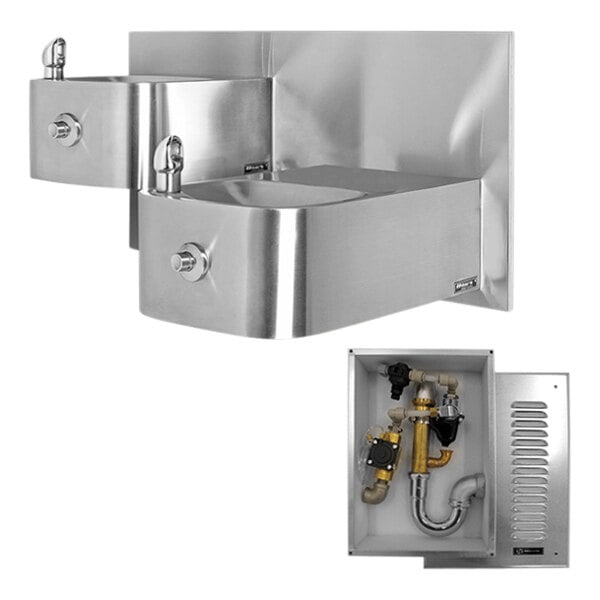 A stainless steel Haws wall-mounted outdoor drinking fountain with pipes and valves.