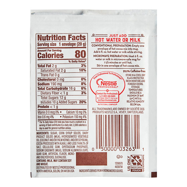 A white package of Nestle Rich Chocolate Hot Cocoa Mix with red text and a barcode.