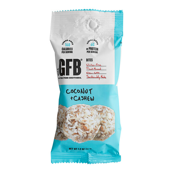 A package of The GFB Coconut Cashew Bites on a white background.