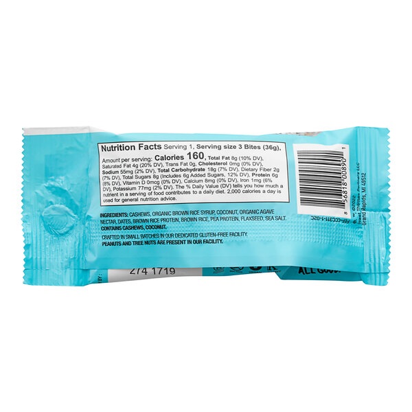 A blue package of The GFB Coconut Cashew Bites with black text.