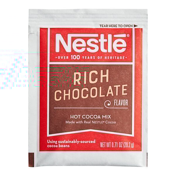A red and white Nestle Rich Chocolate Hot Cocoa Mix packet with white text.