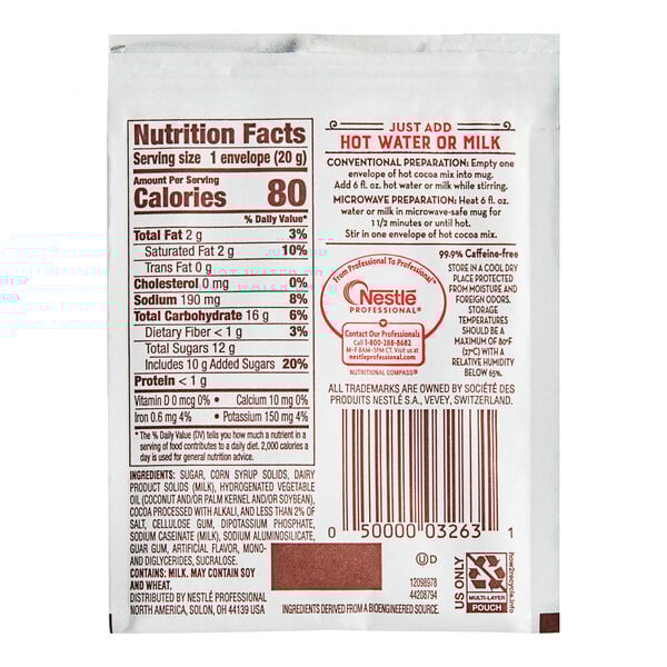 A white package of Nestle Rich Chocolate Hot Cocoa Mix with red text and a barcode.