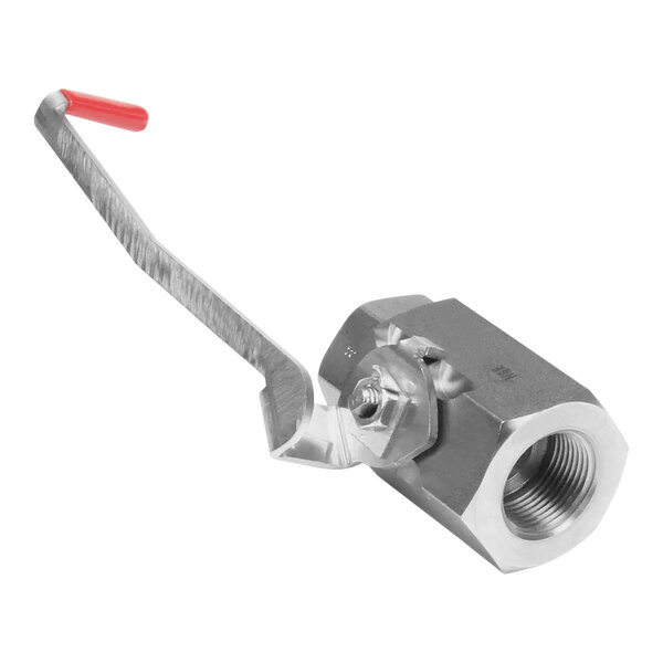 A Frymaster stainless steel drain valve with red handle.