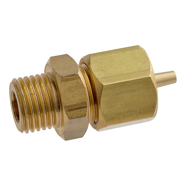 A gold metal Estella Caffe anti-eddy valve with a threaded brass connector.