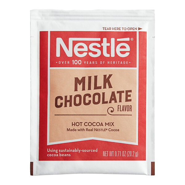 A white and red Nestle Milk Chocolate Hot Cocoa mix packet with a red and white label.